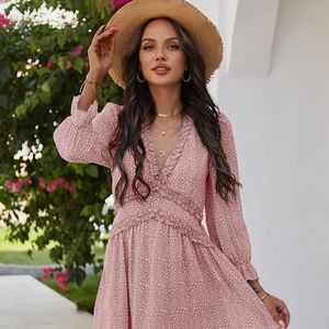 Pink V Neck Floral Ruffle Midi Dress